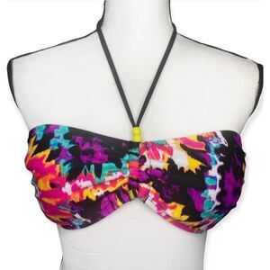 Hobie Padded Halter Beaded Watercolor Tie Back Bikini Swim Top XL Black Pink